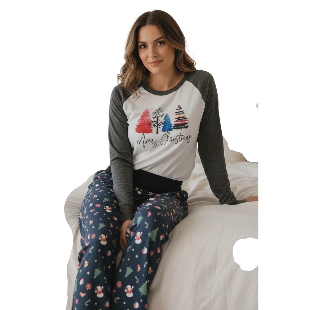 Gracyoga Pajama Set Women Large Navy White Merry Christmas Tree Holiday Print